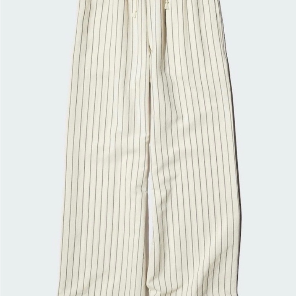 Uniqlo Easy Striped Cream Linen Blend Drawstring Pants - Medium with 25” inseam